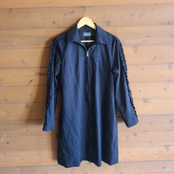 Diomi Black Ruffle Sleeve Zip Front Long Jacket Medium Collared Long Sleeve Coat - Picture 1 of 6